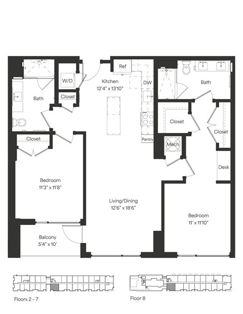 Floor plan for 2 beds, 2 baths, 1169 sqft